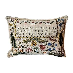 Small Vintage Style Embroidered Sampler Pillow With Flowers And Birds Folk Art
